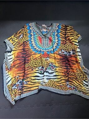 ASA Kaftans Multi-Colored Bejeweled Animal Print Swim Cover Up Size S